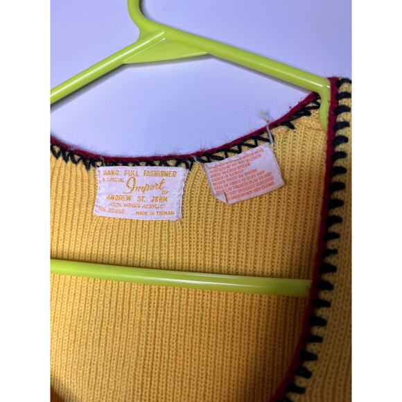 1970s Andrew St. John Import Bright Yellow Red Disco Mod Cropped Sweater Vest M - Picture 2 of 5